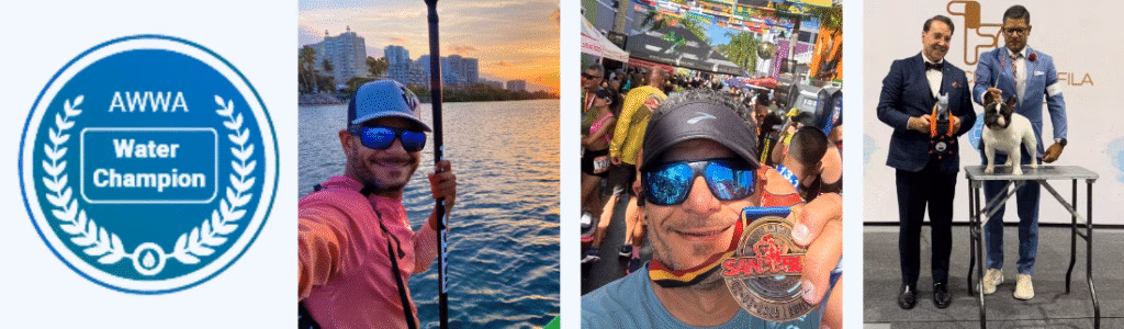 A collage of three photos of Carlos Ortiz Rosado, who is a member of the International Council at AWWA. 