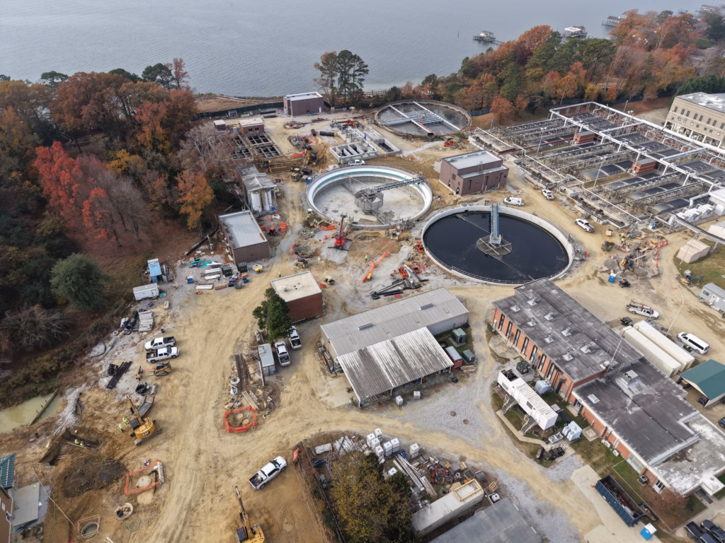 An aerial view of a wastewater plant.