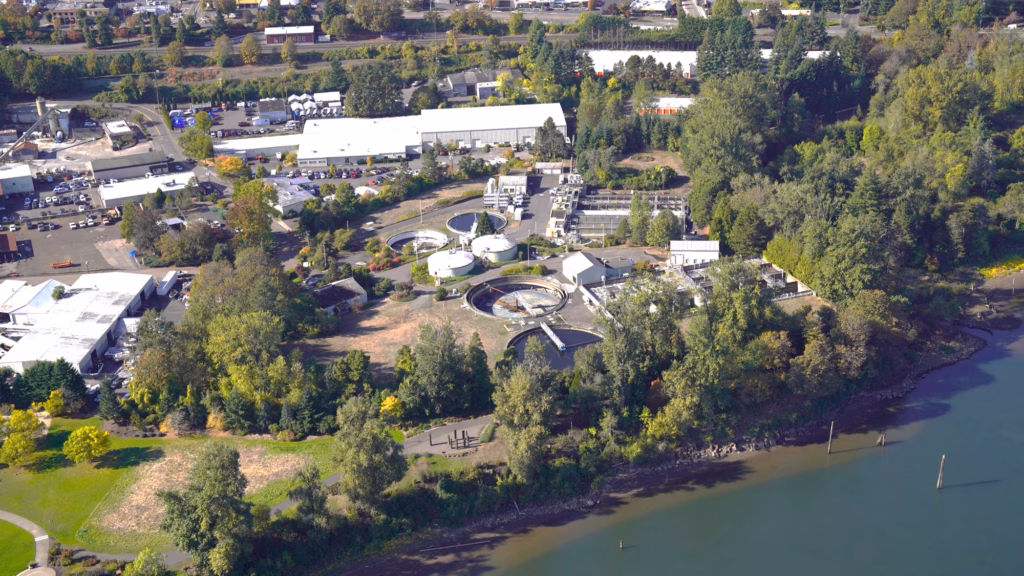 An aerial view of a wastewater plant.